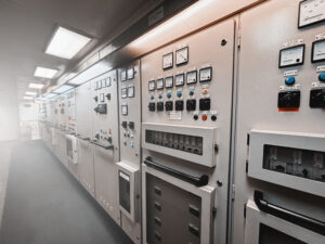 High-voltage switchgear system showing complex control panels and instrumentation